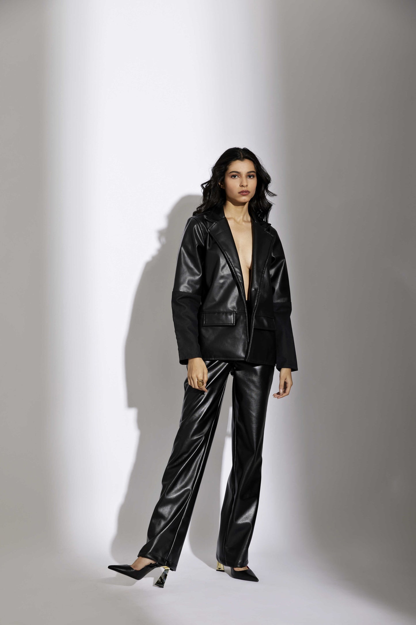 MIX-MATCHED FAUX LEATHER BLAZER